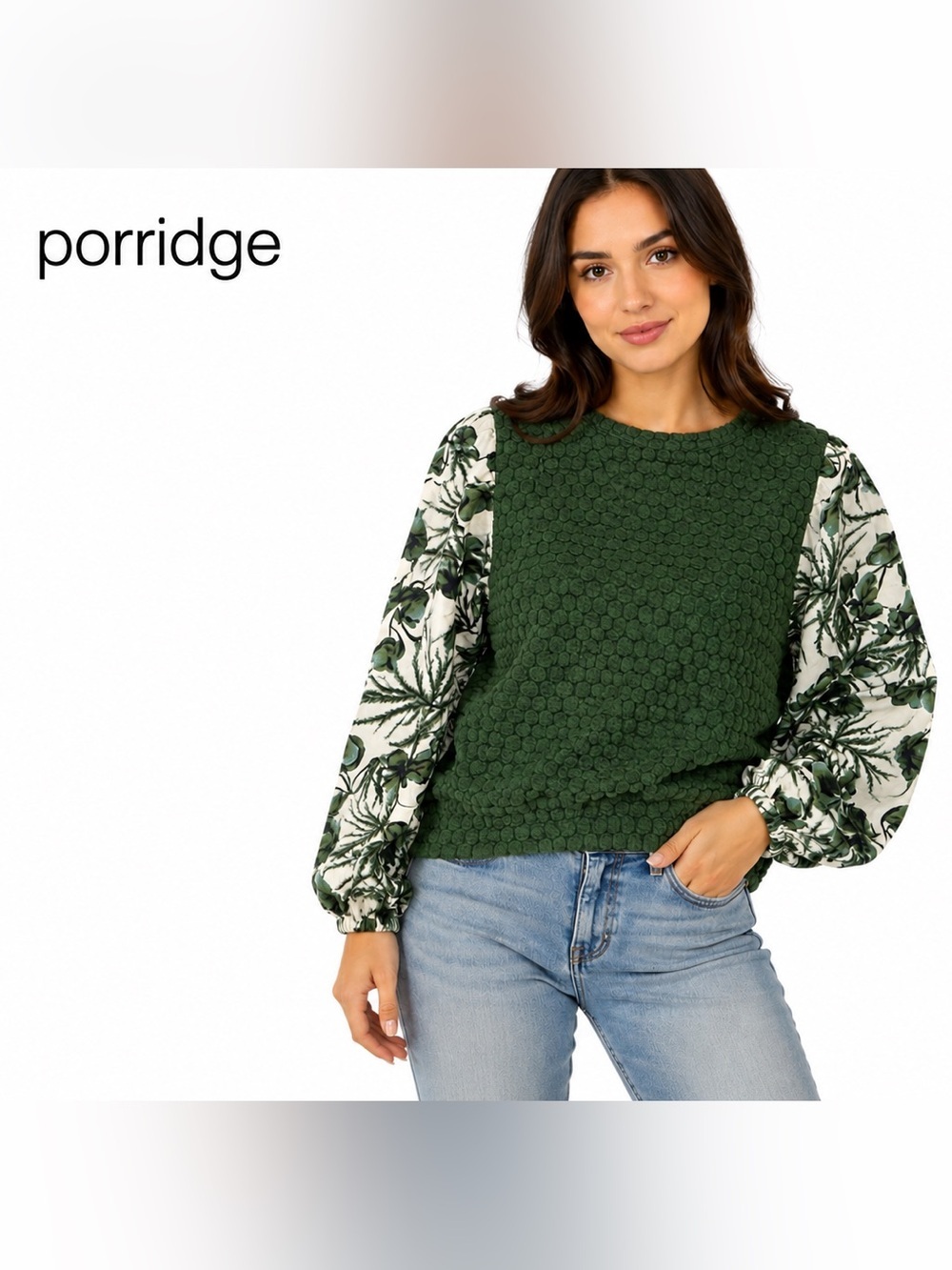 Porridge Anthropologie Green Textured Bubble K Floral Sleeve Top Size Small Boho